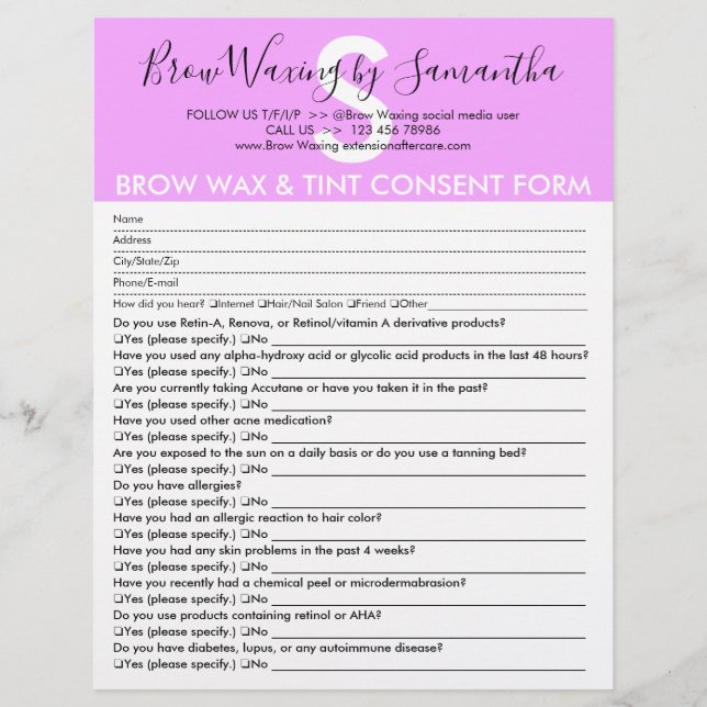Purple Brow Wax Tint Customer Consent Waiver Form Flyer (Front)