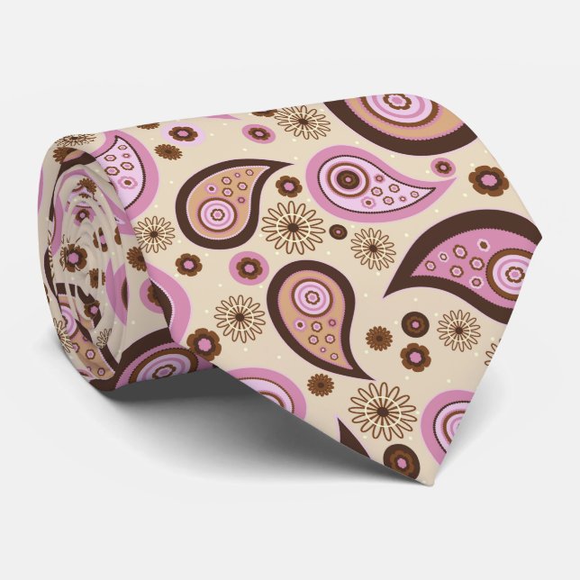 Purple brown beige elegant vintage paisley pattern tie (Rolled)