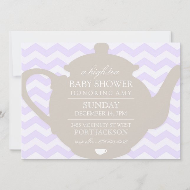 Purple & Brown Chevron High Tea Baby Shower Invite (Front)
