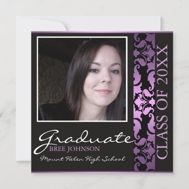 Purple & Brown Damask Graduation Announcement (Front)