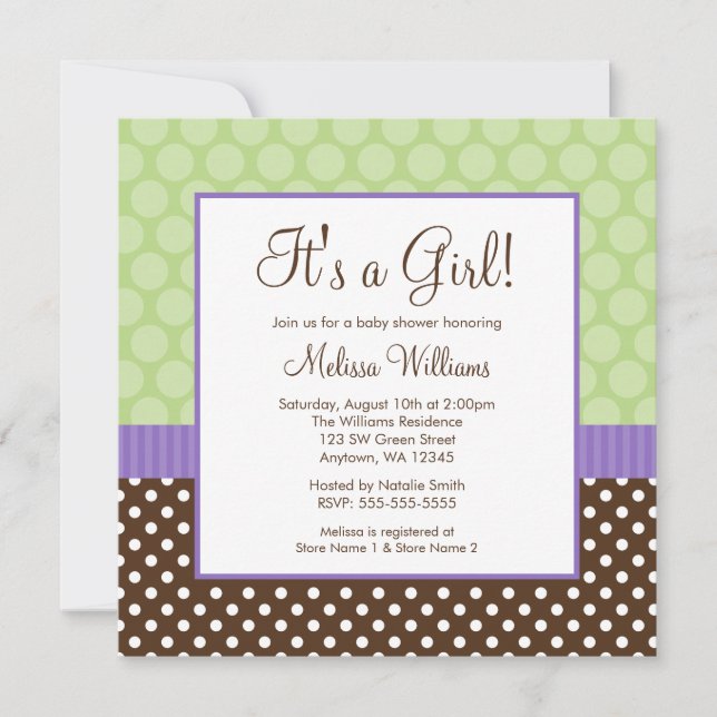 Purple Brown Green Polka Dot Girl Baby Shower Invitation (Front)