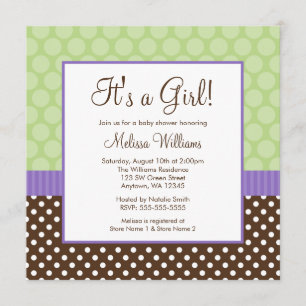 Purple Brown Green Polka Dot Girl Baby Shower Invitation