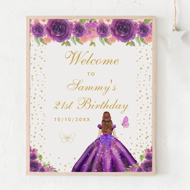Purple Brown Hair Girl Birthday Party Welcome Poster (Creator Uploaded)