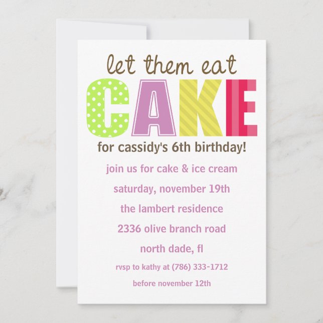 Purple/Brown Let Them Eat Cake Birthday Invitation (Front)