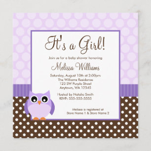Purple Brown Owl Polka Dot Girl Baby Shower Invitation