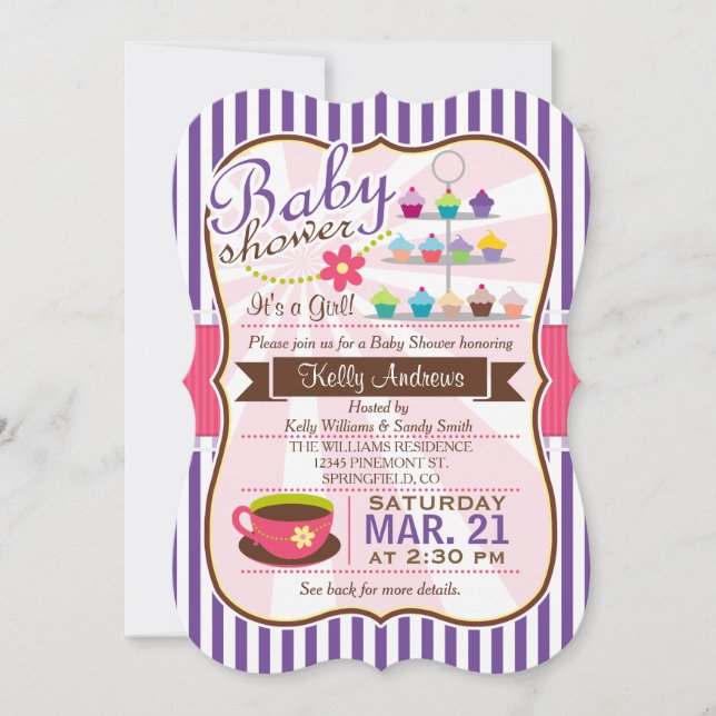 Purple, Brown & Pink Tea, Cupcake Baby Shower Invitation (Front)