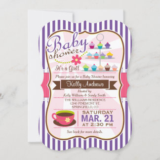 Purple, Brown & Pink Tea, Cupcake Baby Shower Invitation