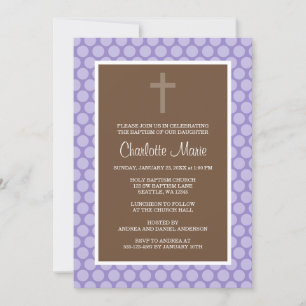 Purple Brown Polka Dot Cross Baptism Christening Invitation