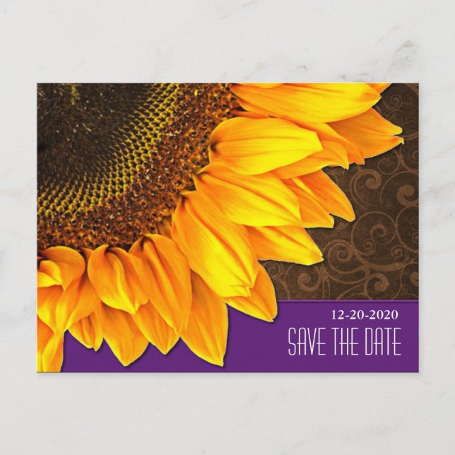 Purple & Brown Sunflower Wedding Save the Dates Announcement Postcard (Front)