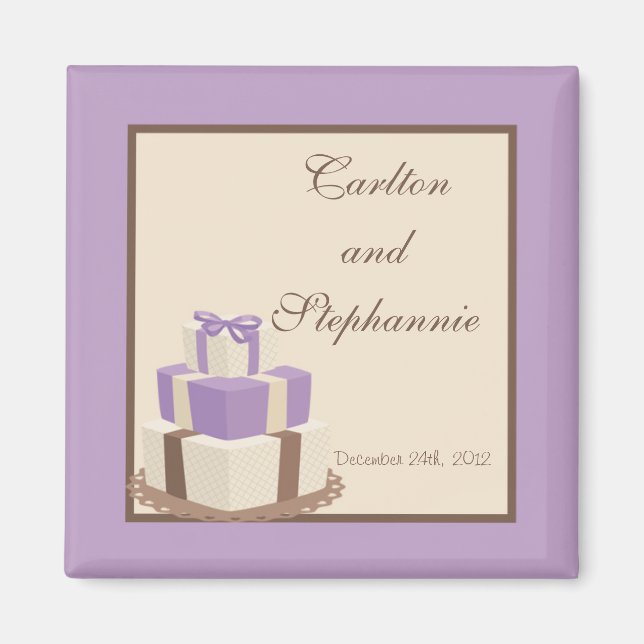 Purple/Brown Wedding Cake Magnet Favour (Front)