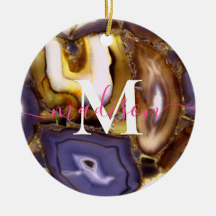 Purple Brown White Agate stone pattern monogram Ceramic Tree Decoration