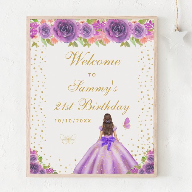 Purple Brunette Hair Girl Birthday Party Welcome Poster (Creator Uploaded)
