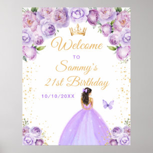 Purple Brunette Hair Princess Birthday Welcome Poster