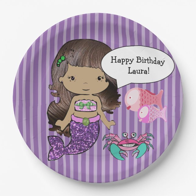 Purple Brunette  Mermaid Birthday Party Plates (Front)