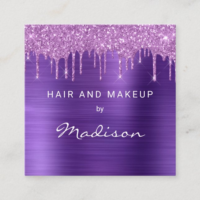 Purple Brush Metal Pink Drip Glitter Hair & Makeup Square Business Card (Front)