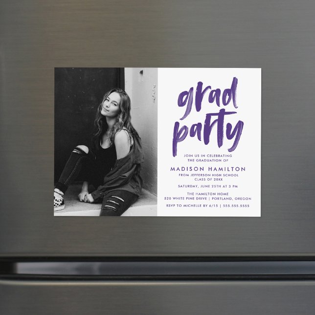 Purple | Brush Script Photo Graduation Party Magnetic Invitation (Creator Uploaded)