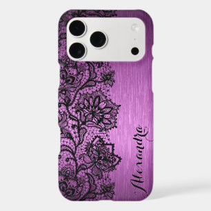 Purple Brushed Aluminium & Black Floral Lace