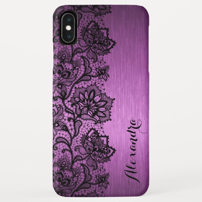 Purple Brushed Aluminium & Black Floral Lace Case-Mate iPhone Case (Back)