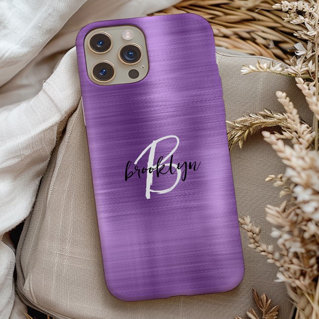 Purple Brushed Metal Black White Script Monogram  Case-Mate iPhone Case (Creator Uploaded)