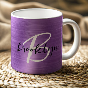 Purple Brushed Metal Black White Script Monogram  Coffee Mug