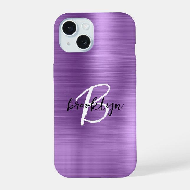 Purple Brushed Metal Black White Script Monogram  iPhone 15 Case (Back)