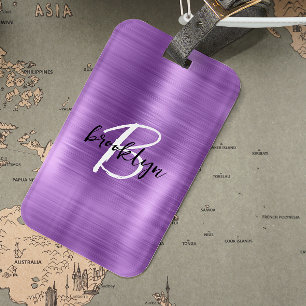 Purple Brushed Metal Black White Script Monogram  Luggage Tag