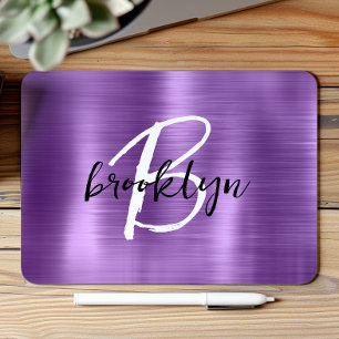 Purple Brushed Metal Black White Script Monogram Mouse Mat