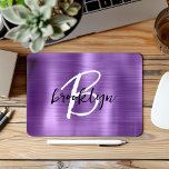 Purple Brushed Metal Black White Script Monogram  Mouse Mat<br><div class="desc">This elegant personalised mouse pad features a monogram and first name in modern black and white script on a trendy purple brushed metal background.</div>