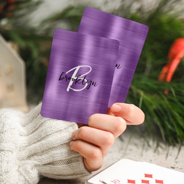 Purple Brushed Metal Black White Script Monogram  Playing Cards (Creator Uploaded)
