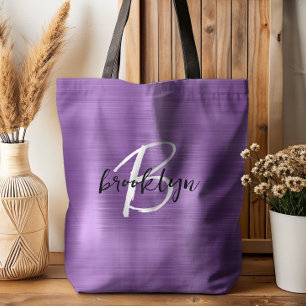 Purple Brushed Metal Black White Script Monogram  Tote Bag