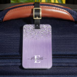 Purple Brushed Metal Glitter Monogram Script  Luggage Tag<br><div class="desc">Personalise this luggage tag with your monogram name. Background is a purple brushed metal with silver leopard glitter. Monogram name on the front in script font and address and phone number on the back. Designed for you by Blackberry Boulevard.</div>
