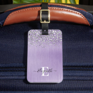 Purple Brushed Metal Glitter Monogram Script  Luggage Tag