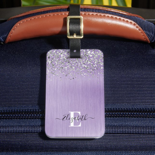 Purple Brushed Metal Glitter Monogram Script  Luggage Tag (Front Insitu 2)