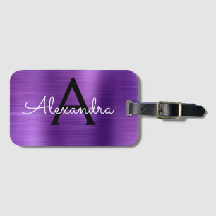 Purple Brushed Metal Monogram Name and Initial Luggage Tag