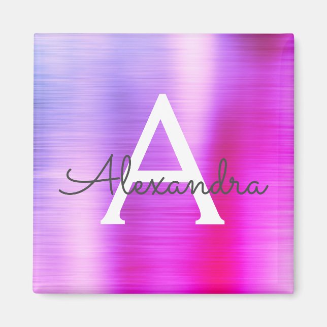 Purple Brushed Metal Monogram Name Magnet (Front)