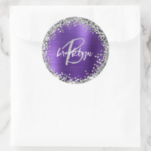 Purple Brushed Metal Silver Glitter Monogram  Classic Round Sticker