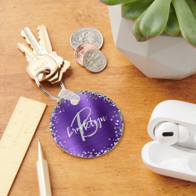 Purple Brushed Metal Silver Glitter Monogram  Key Ring (Desk)
