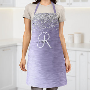 Purple Brushed Metal Silver Glitter Monogram Name Apron