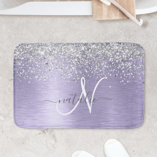 Purple Brushed Metal Silver Glitter Monogram Name Bath Mat (You’ll love this dazzling purple brushed metal silver glitter bath mat with your monogram)