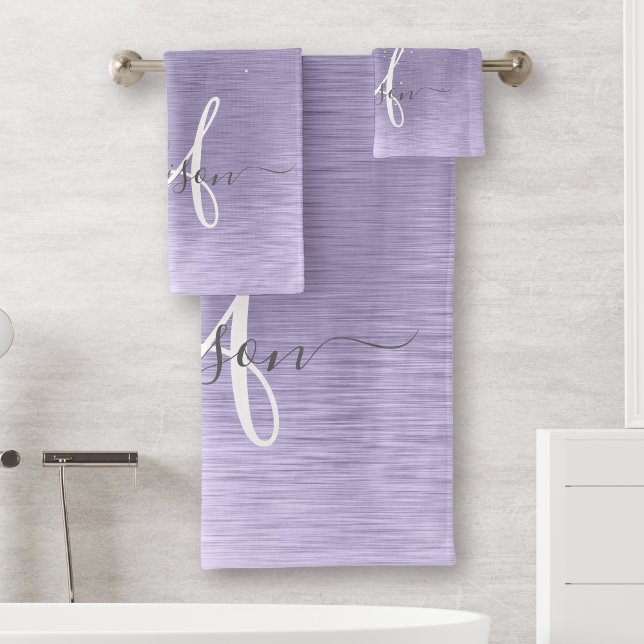 Purple Brushed Metal Silver Glitter Monogram Name Bath Towel Set (Creator Uploaded)