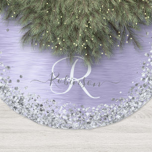Purple Brushed Metal Silver Glitter Monogram Name Brushed Polyester Tree Skirt