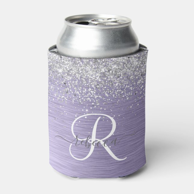 Purple Brushed Metal Silver Glitter Monogram Name Can Cooler (Can Front)