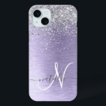 Purple Brushed Metal Silver Glitter Monogram Name iPhone 15 Mini Case<br><div class="desc">Easily personalise this trendy chic phone case design featuring pretty silver sparkling glitter on a purple brushed metallic background.</div>