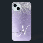 Purple Brushed Metal Silver Glitter Monogram Name iPhone 15 Mini Case<br><div class="desc">Easily personalise this trendy chic phone case design featuring pretty silver sparkling glitter on a purple brushed metallic background.</div>
