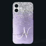 Purple Brushed Metal Silver Glitter Monogram Name iPhone 16 Plus Case<br><div class="desc">Easily personalise this trendy chic phone case design featuring pretty silver sparkling glitter on a purple brushed metallic background.</div>