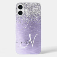 Purple Brushed Metal Silver Glitter Monogram Name