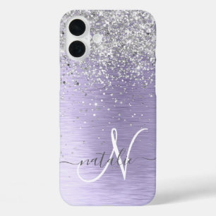 Purple Brushed Metal Silver Glitter Monogram Name iPhone 16 Plus Case