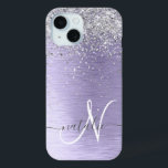 Purple Brushed Metal Silver Glitter Monogram Name iPhone 15 Case<br><div class="desc">Easily personalise this trendy chic phone case design featuring pretty silver sparkling glitter on a purple brushed metallic background.</div>