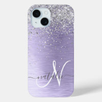 Purple Brushed Metal Silver Glitter Monogram Name