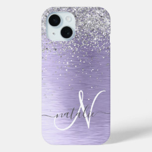 Purple Brushed Metal Silver Glitter Monogram Name iPhone 15 Case